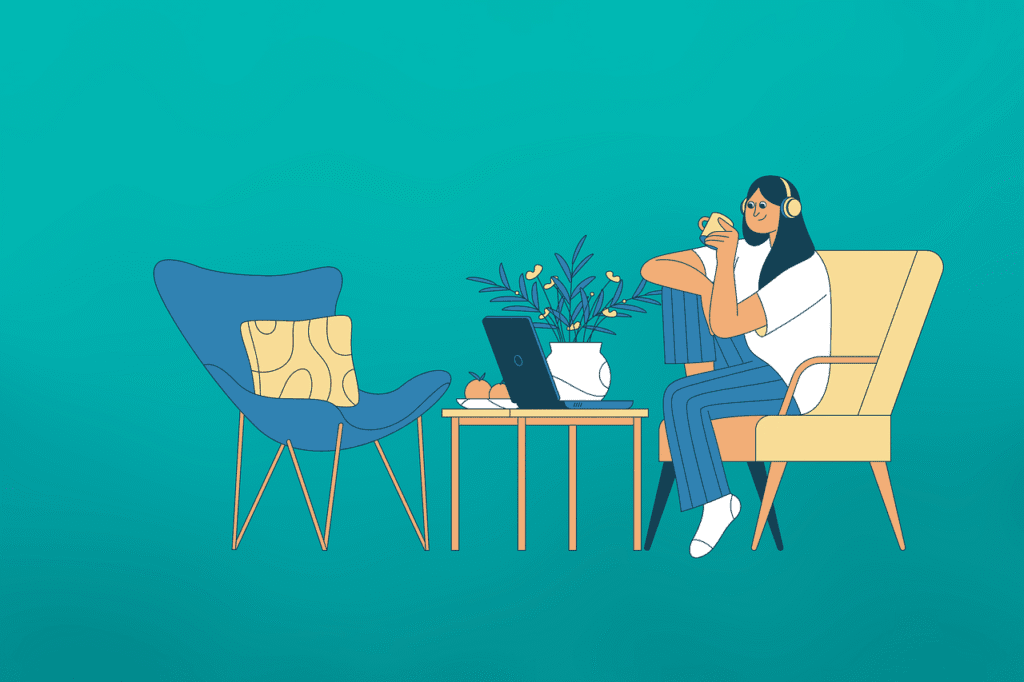 smart working, relax, home, indoor, computer, work, people, book, activities, stay home, woman, plant, interior, small table, nature, cushion, coffee, fruits, headphone, smart work