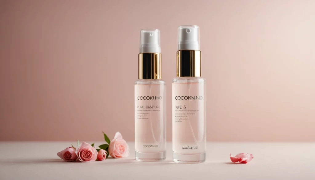 How Does Pure Beautyʼs Natural Formula Compare to Cocokindʼs Rosewater Face Mist?, bright studio lighting, minimalist, clean background, soft light, premium, macro detail, wellness and beauty concept