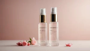 How Does Pure Beautyʼs Natural Formula Compare to Cocokindʼs Rosewater Face Mist?, bright studio lighting, minimalist, clean background, soft light, premium, macro detail, wellness and beauty concept