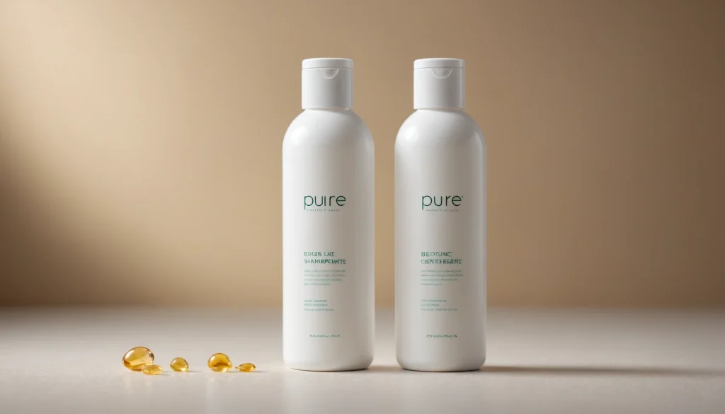 How Does Pure Beautyʼs Packaging Compare to By Humankindʼs Shampoo Concentrate?, bright studio lighting, minimalist, clean background, soft light, premium, macro detail, wellness and beauty concept