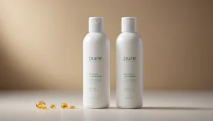 How Does Pure Beautyʼs Packaging Compare to By Humankindʼs Shampoo Concentrate?, bright studio lighting, minimalist, clean background, soft light, premium, macro detail, wellness and beauty concept